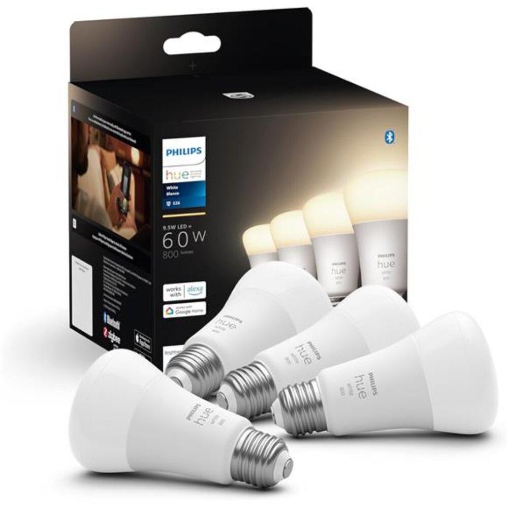 Philips Hue Smart 60W A19 LED Bulb - Soft Warm White Light - 4 Pack - 800LM